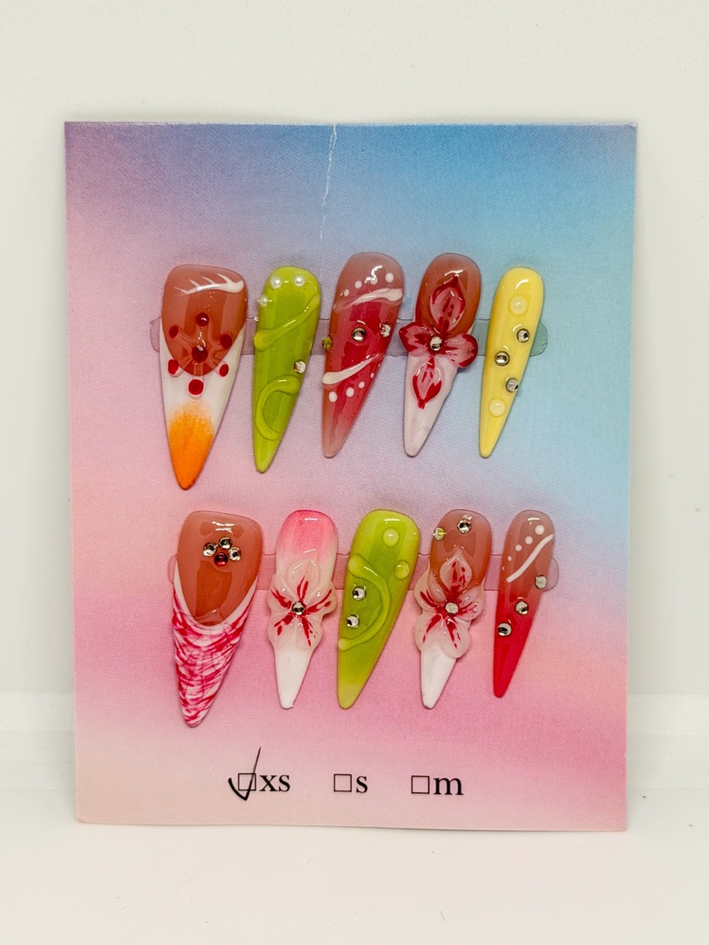 Floral & Jewel Long Press-On Nail Set in Pink, Green, Yellow